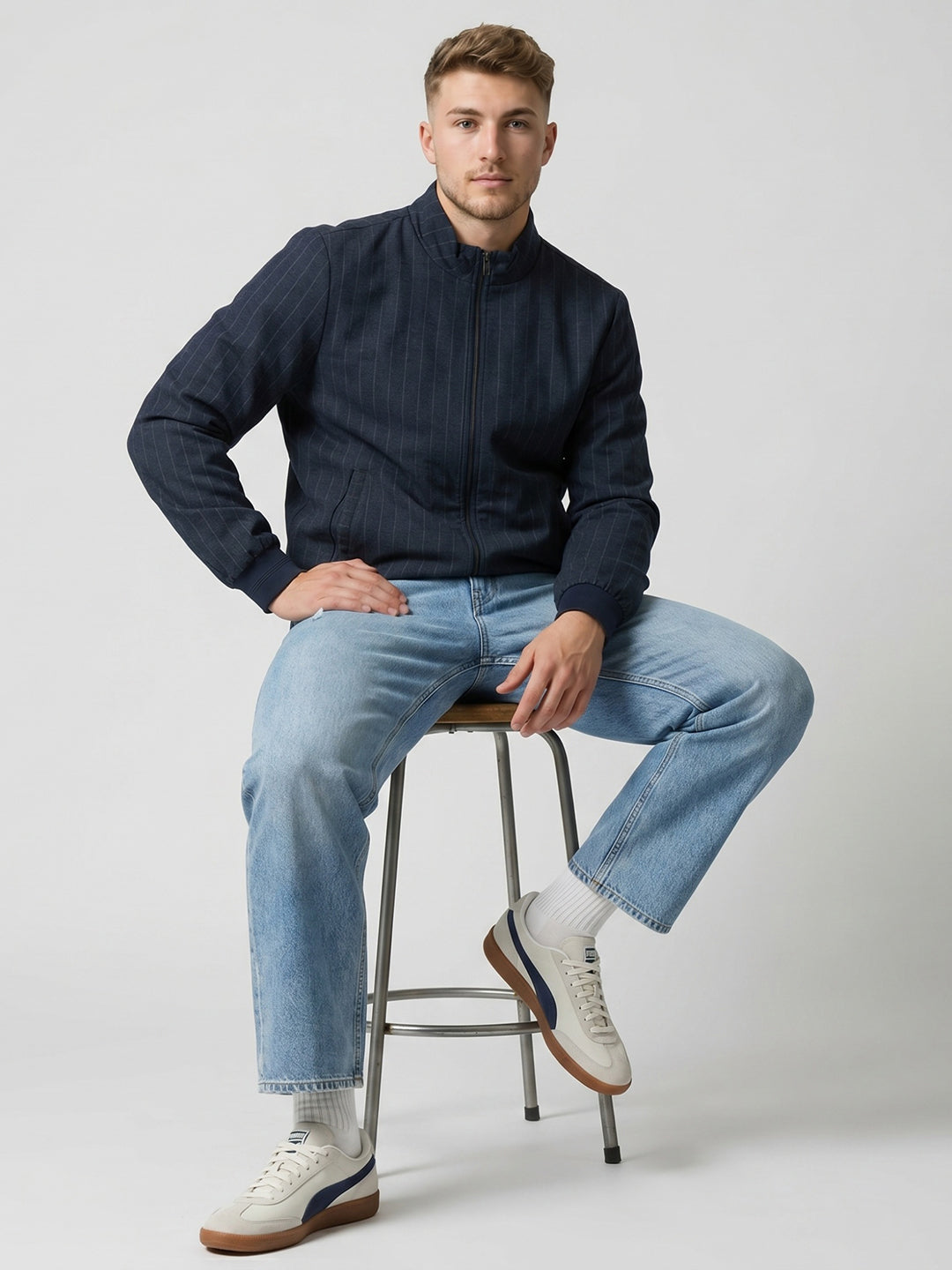 Men Blue Stripe Stand Collar Full Sleeve Jacket