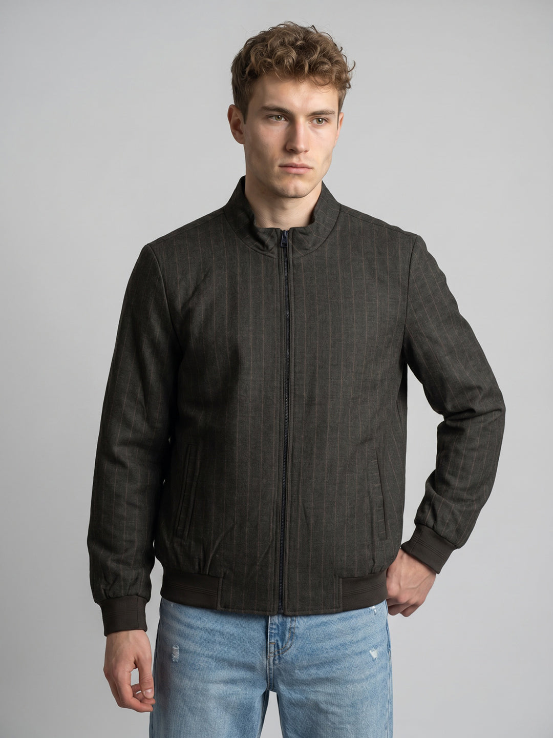 Men Brown Stripe Stand Collar Full Sleeve Jacket