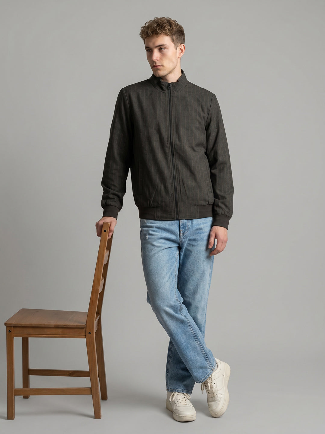 Men Brown Stripe Stand Collar Full Sleeve Jacket