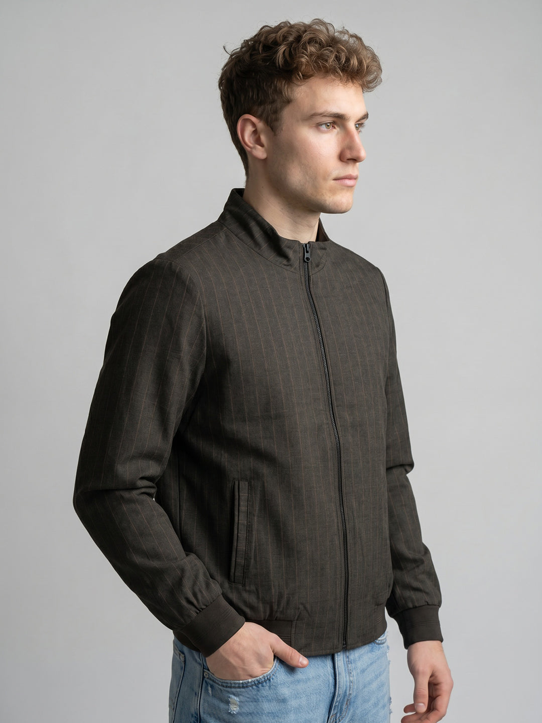 Men Brown Stripe Stand Collar Full Sleeve Jacket