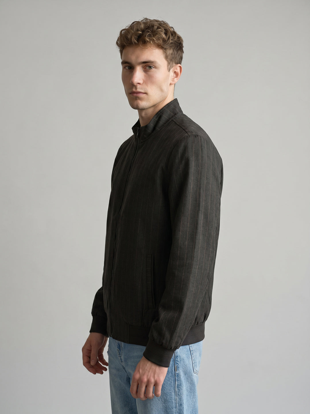 Men Brown Stripe Stand Collar Full Sleeve Jacket