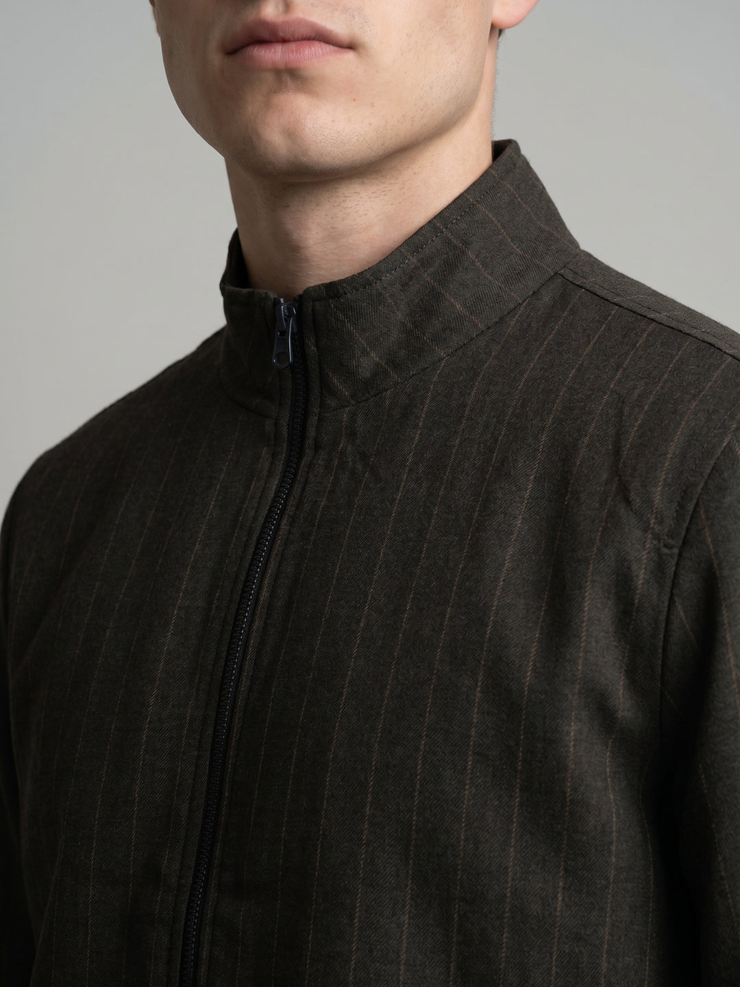 Men Brown Stripe Stand Collar Full Sleeve Jacket