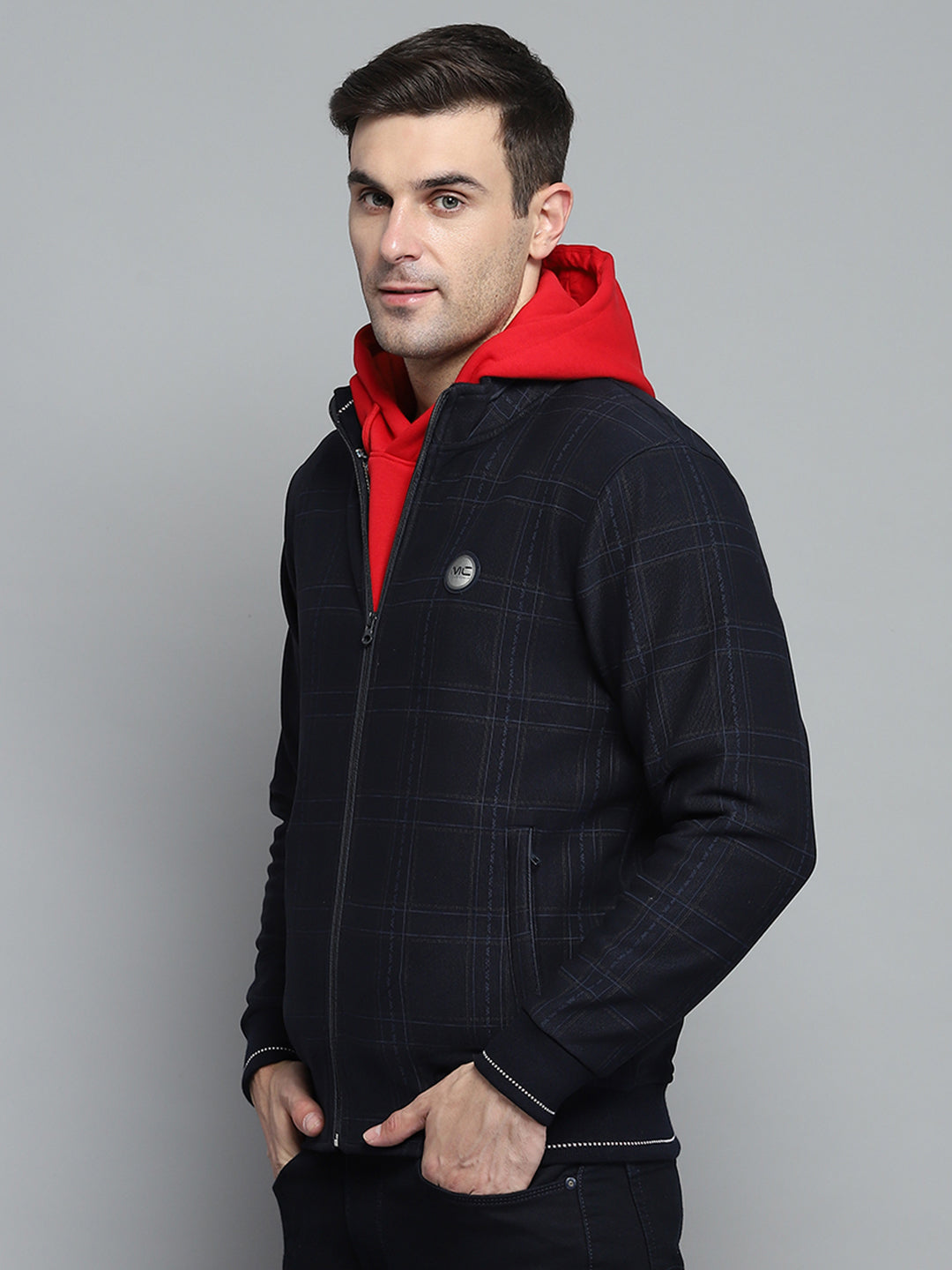 Men Navy Blue Check Mock Neck Full Sleeve Jacket