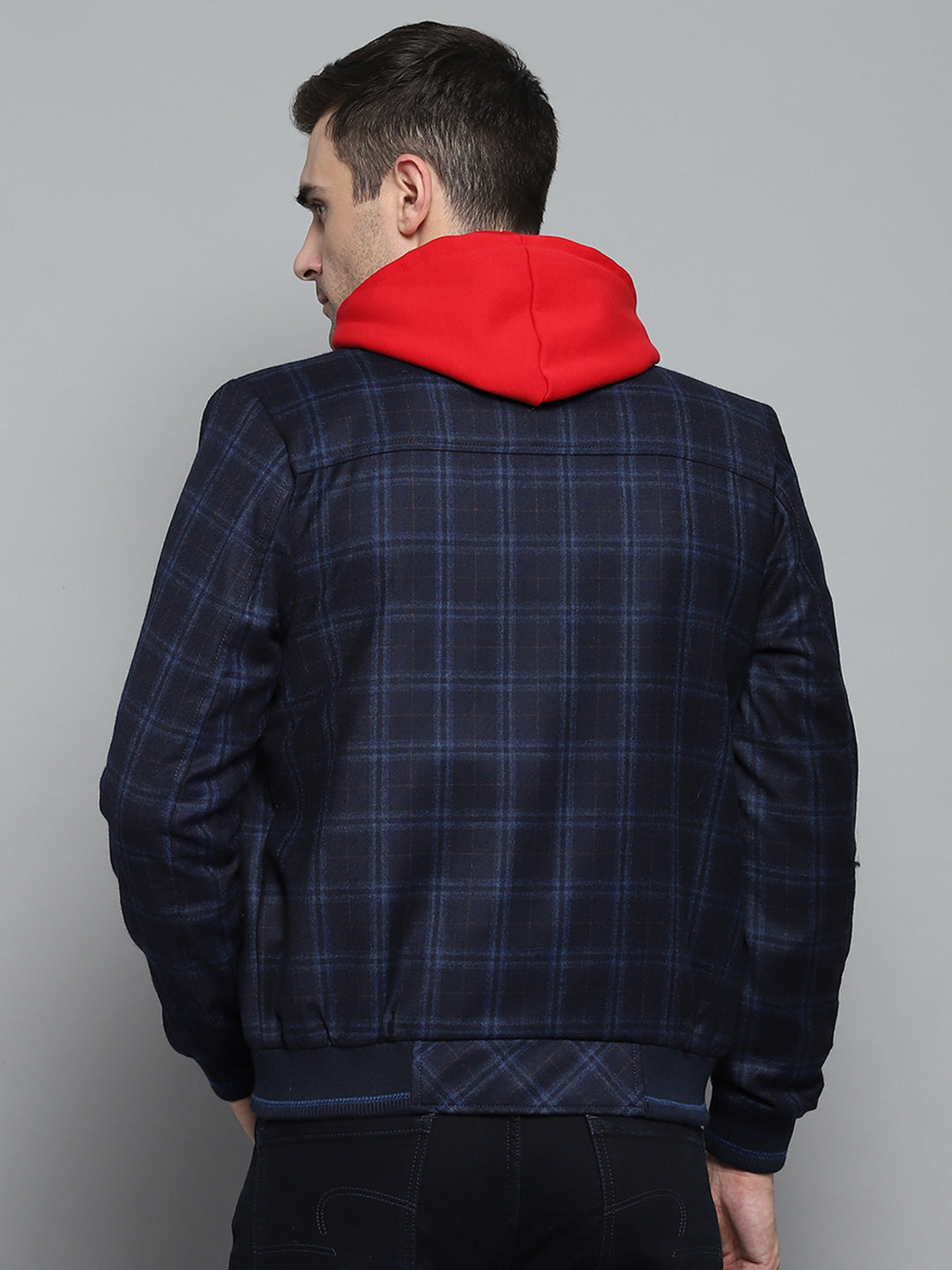 Men Navy Blue Check Mock Neck Full Sleeve Jacket