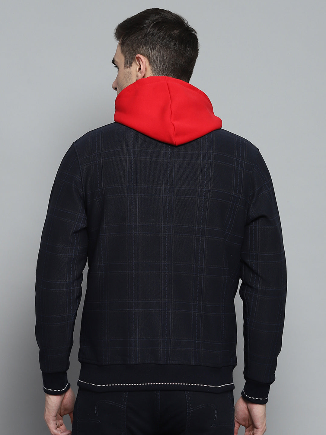 Men Navy Blue Check Mock Neck Full Sleeve Jacket