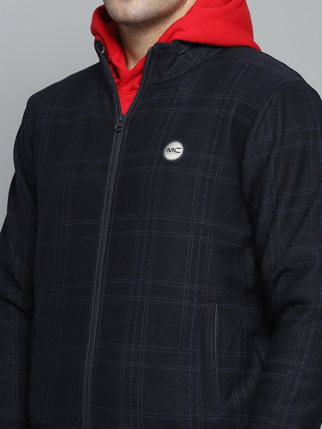 Men Navy Blue Check Mock Neck Full Sleeve Jacket