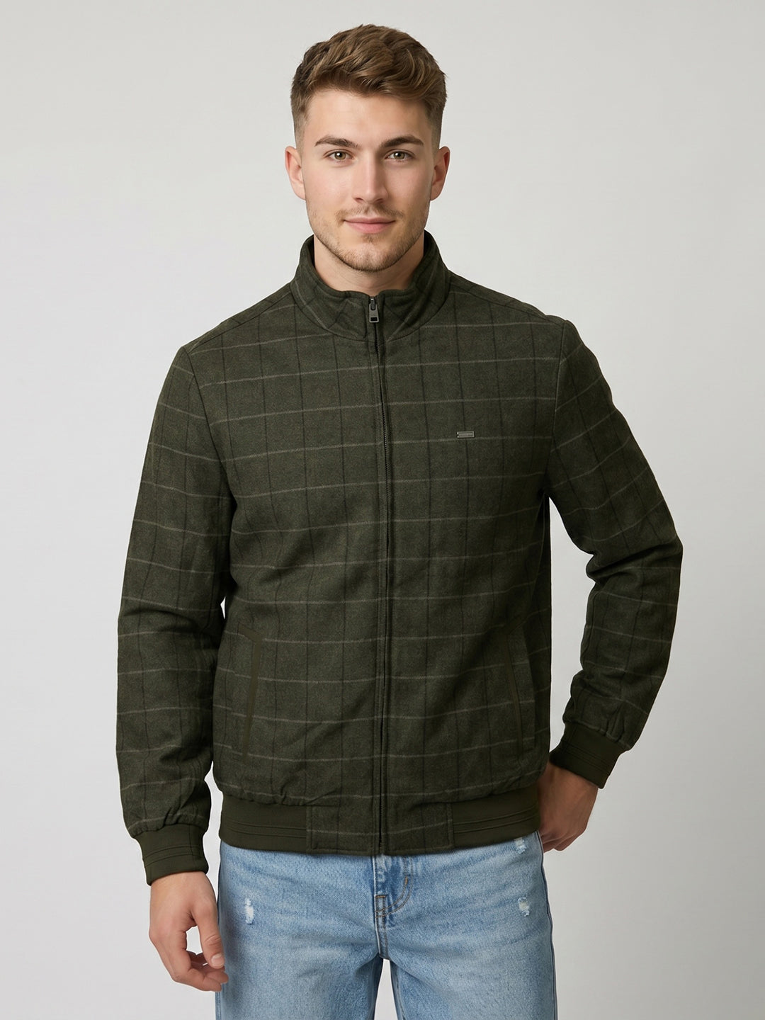 Men Olive Check Turtle Neck Full Sleeve Shacket