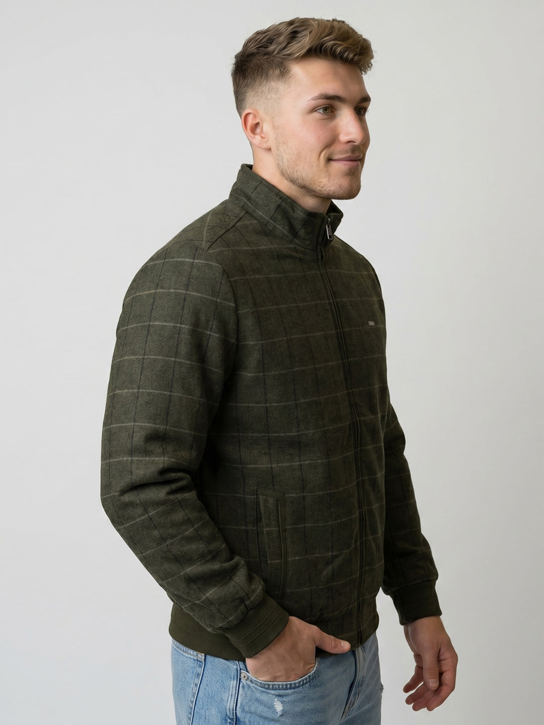 Men Olive Check Turtle Neck Full Sleeve Shacket