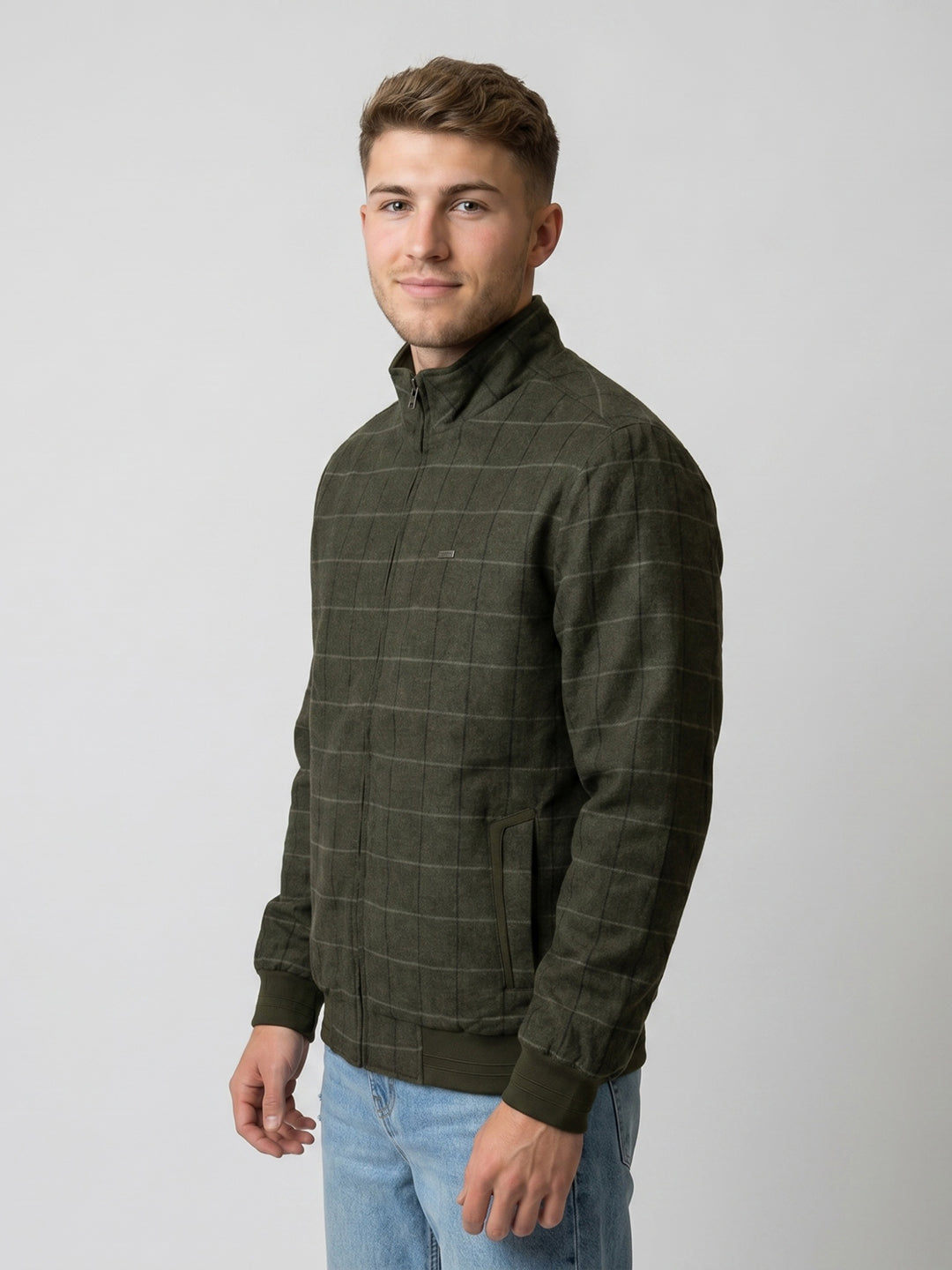 Men Olive Check Turtle Neck Full Sleeve Shacket
