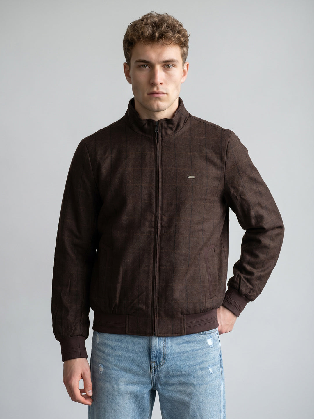 Men Maroon Check Turtle Neck Full Sleeve Jacket