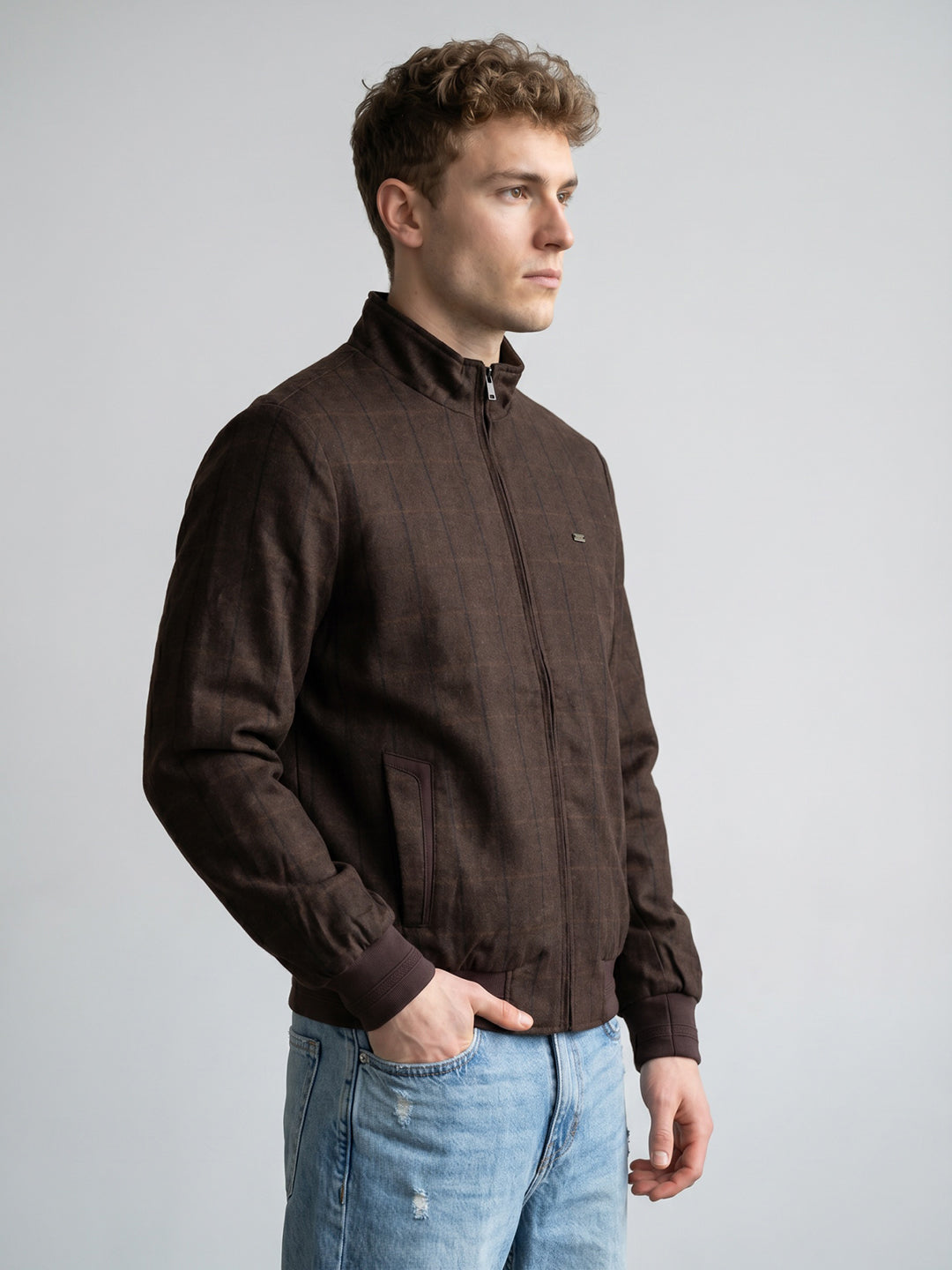 Men Maroon Check Turtle Neck Full Sleeve Jacket