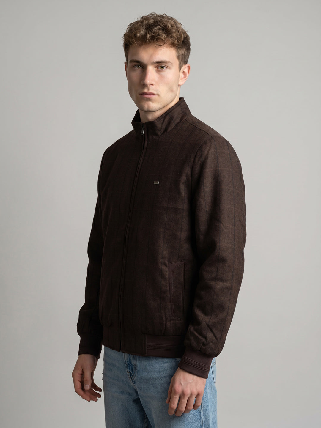 Men Maroon Check Turtle Neck Full Sleeve Jacket