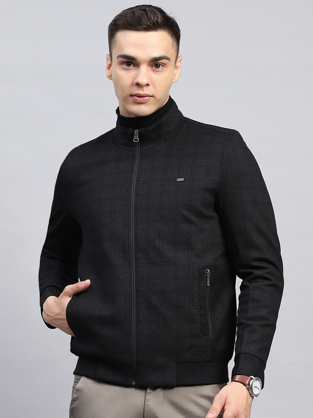 Men Black Self Design Mock Neck Full Sleeve Jacket