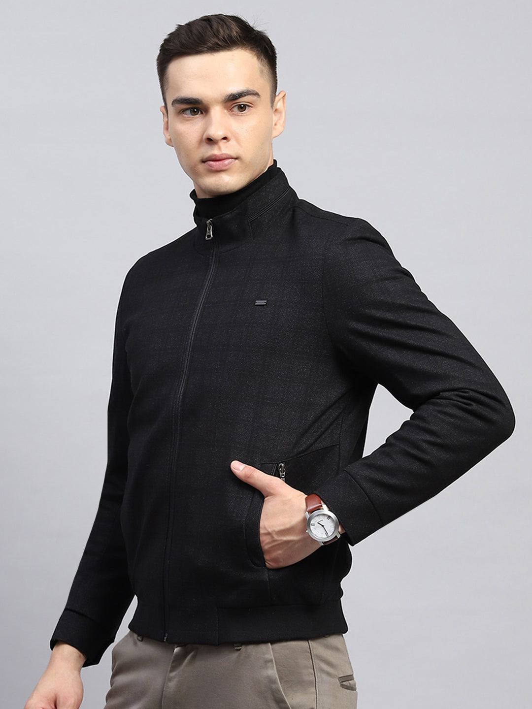 Men Black Self Design Mock Neck Full Sleeve Jacket
