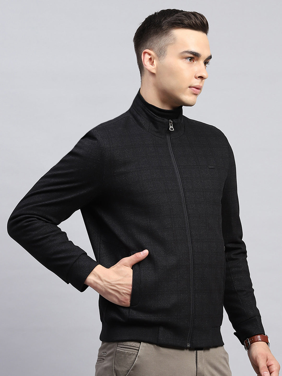Men Black Self Design Mock Neck Full Sleeve Jacket