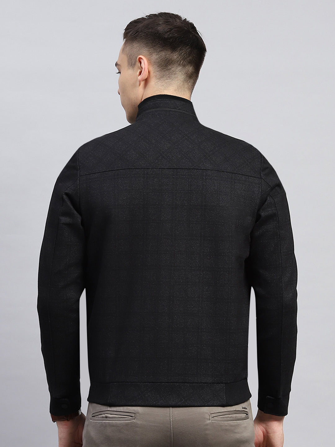 Men Black Self Design Mock Neck Full Sleeve Jacket