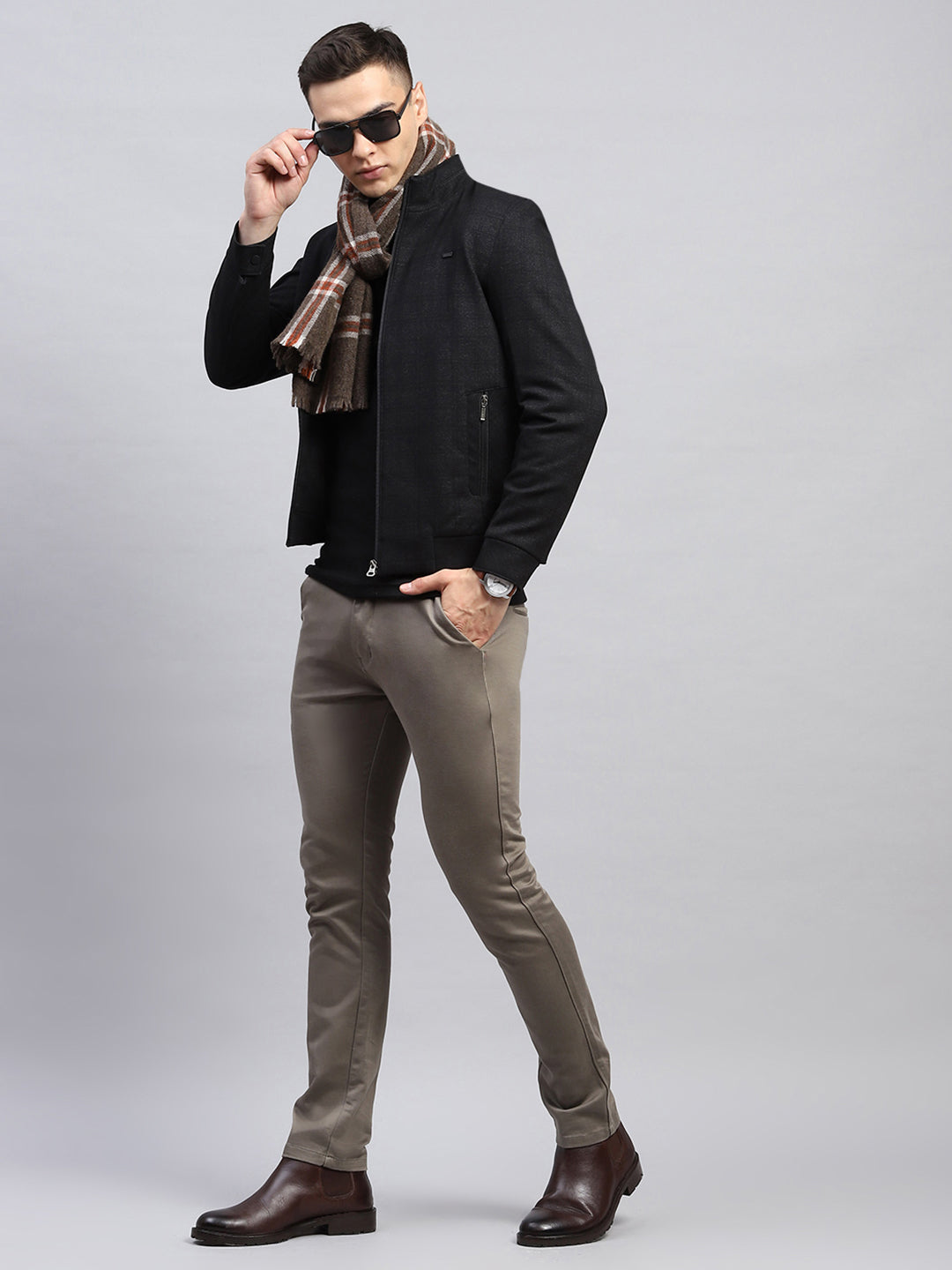 Men Black Self Design Mock Neck Full Sleeve Jacket