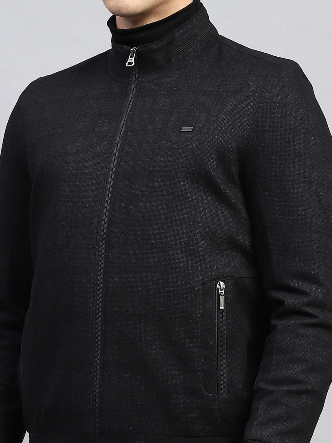 Men Black Self Design Mock Neck Full Sleeve Jacket