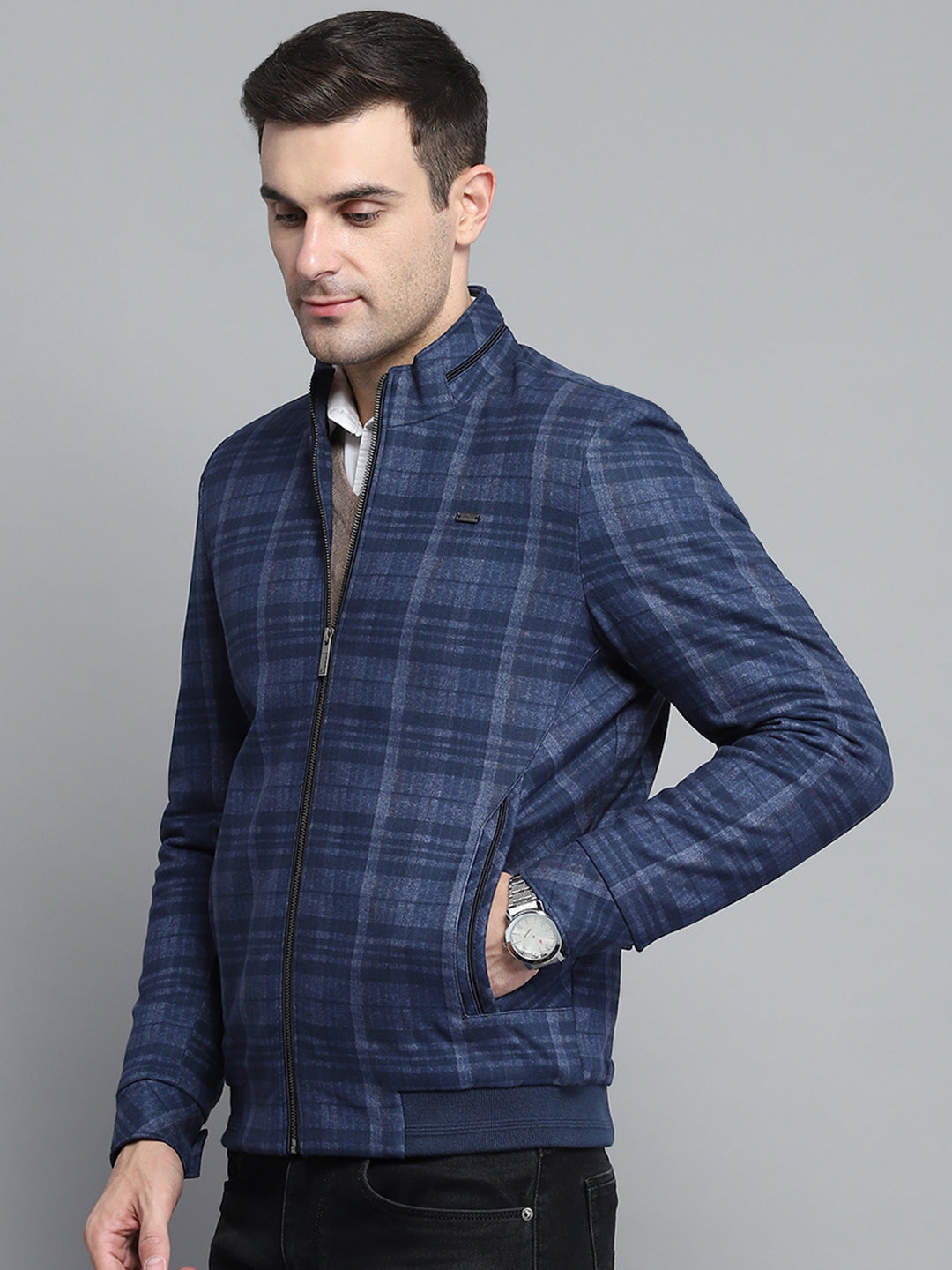 Men Navy Blue Self Design Mock Neck Full Sleeve Jacket