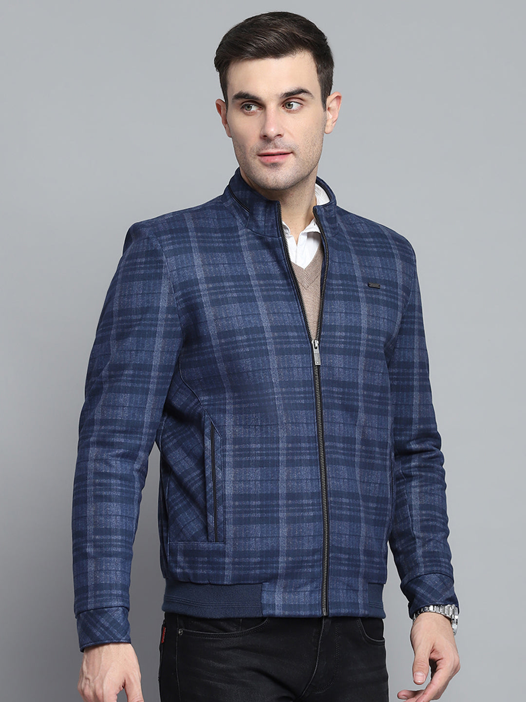 Men Navy Blue Self Design Mock Neck Full Sleeve Jacket