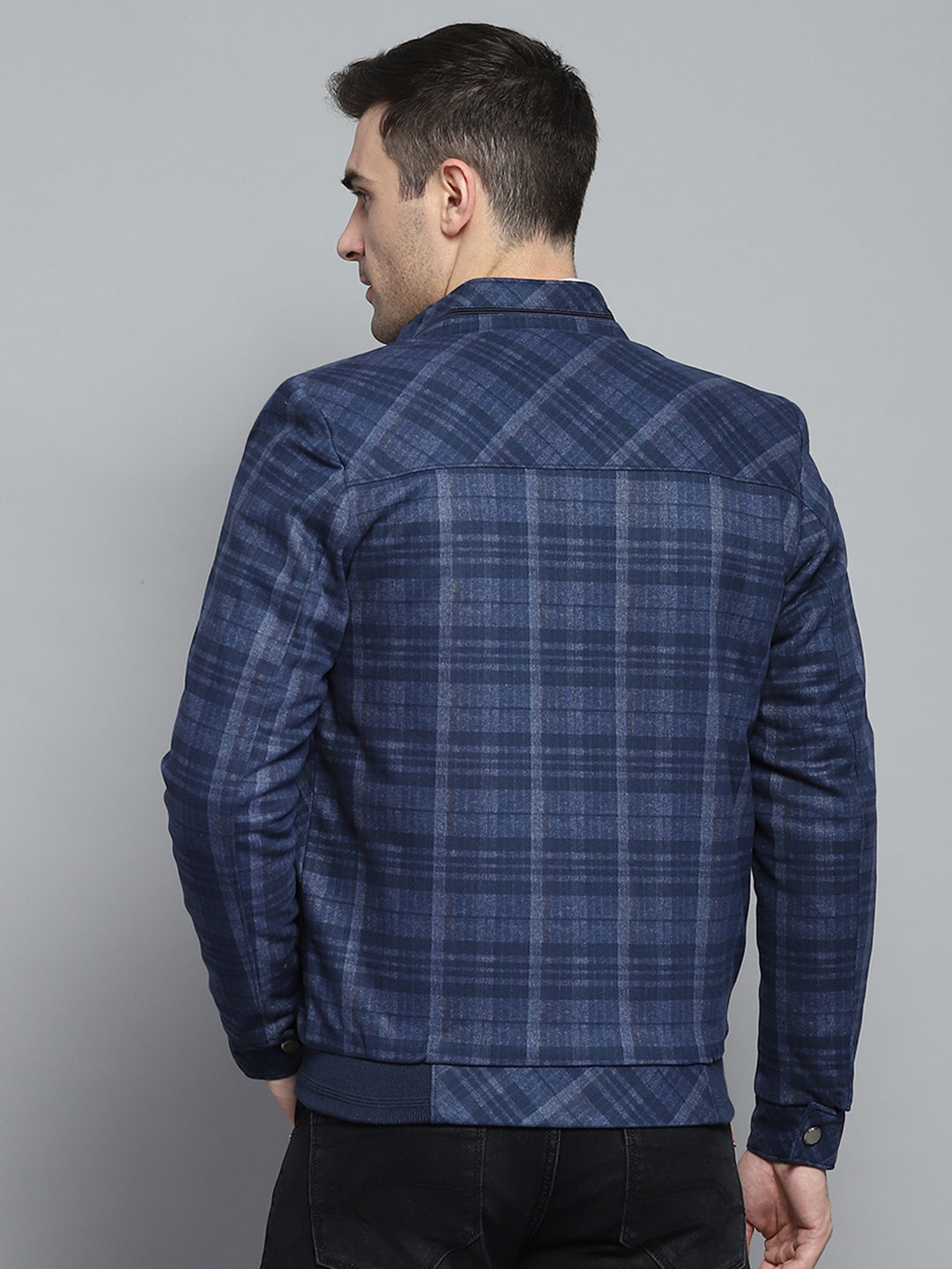 Men Navy Blue Self Design Mock Neck Full Sleeve Jacket