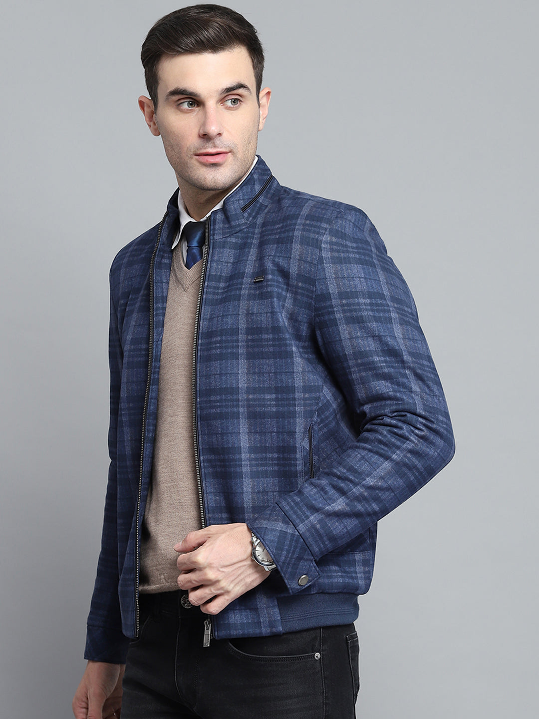 Men Navy Blue Self Design Mock Neck Full Sleeve Jacket