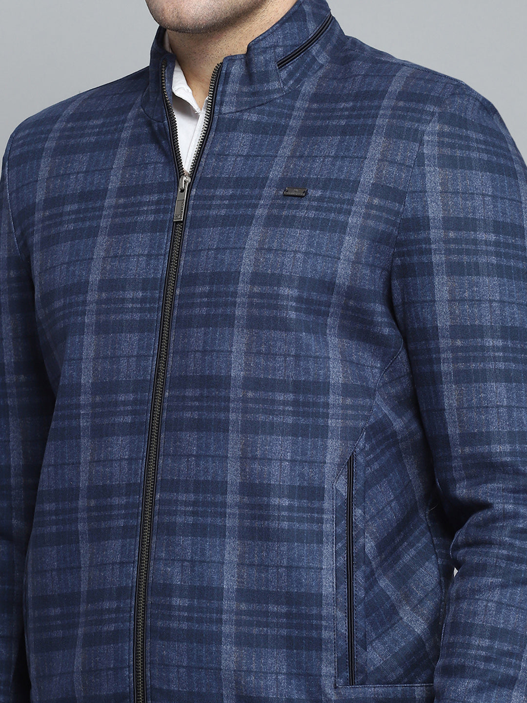 Men Navy Blue Self Design Mock Neck Full Sleeve Jacket