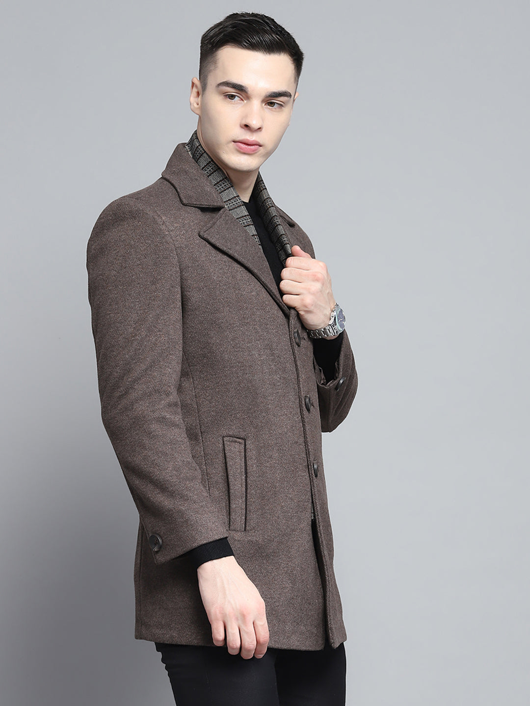 Men Brown Solid Notch Lapel Collar Full Sleeve Coat