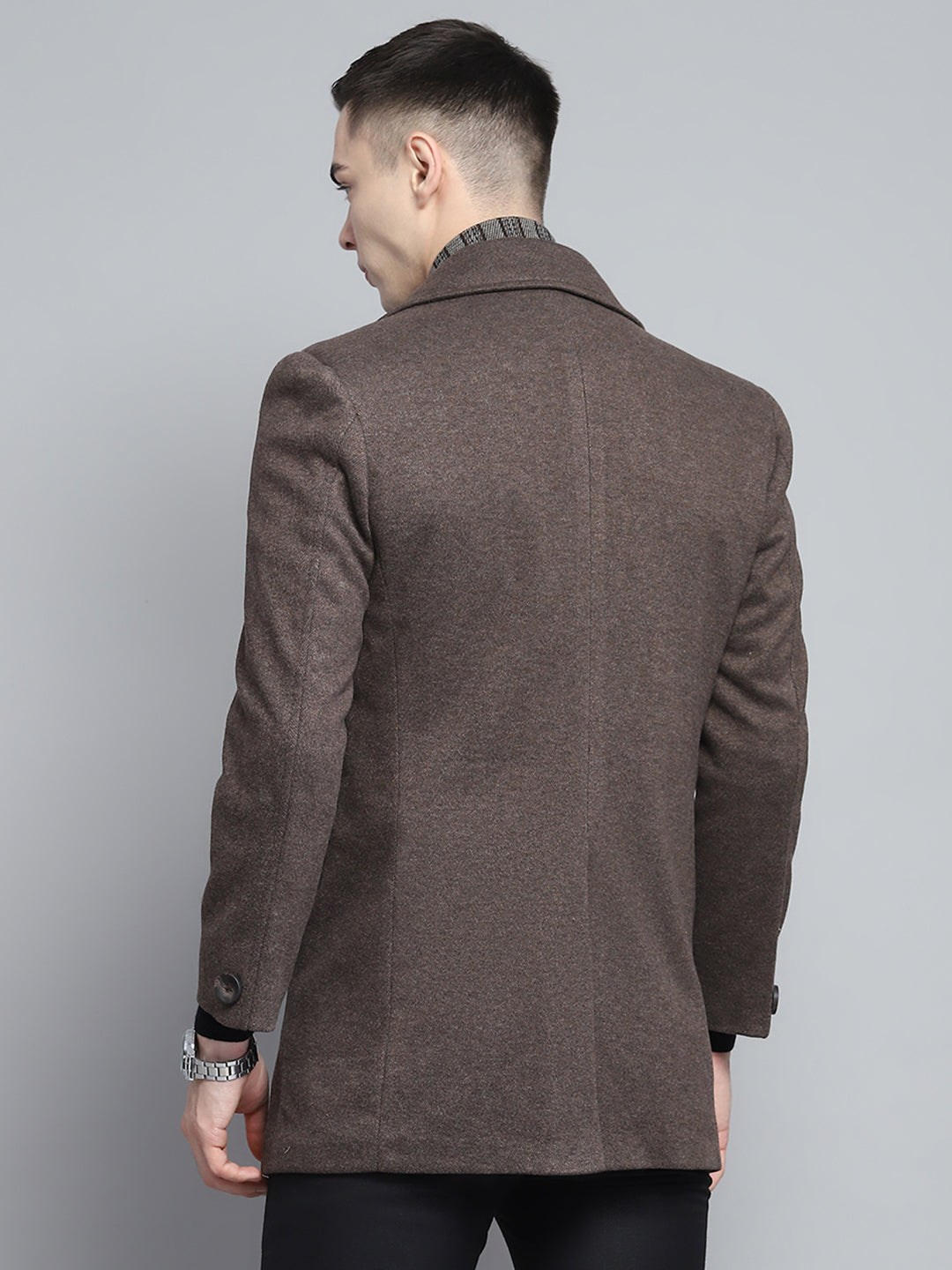 Men Brown Solid Notch Lapel Collar Full Sleeve Coat