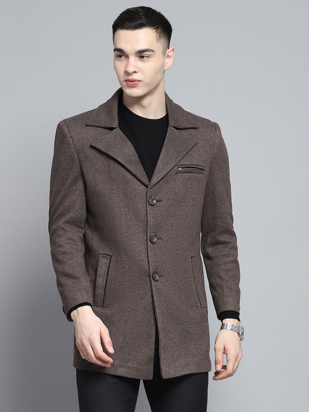 Men Brown Solid Notch Lapel Collar Full Sleeve Coat