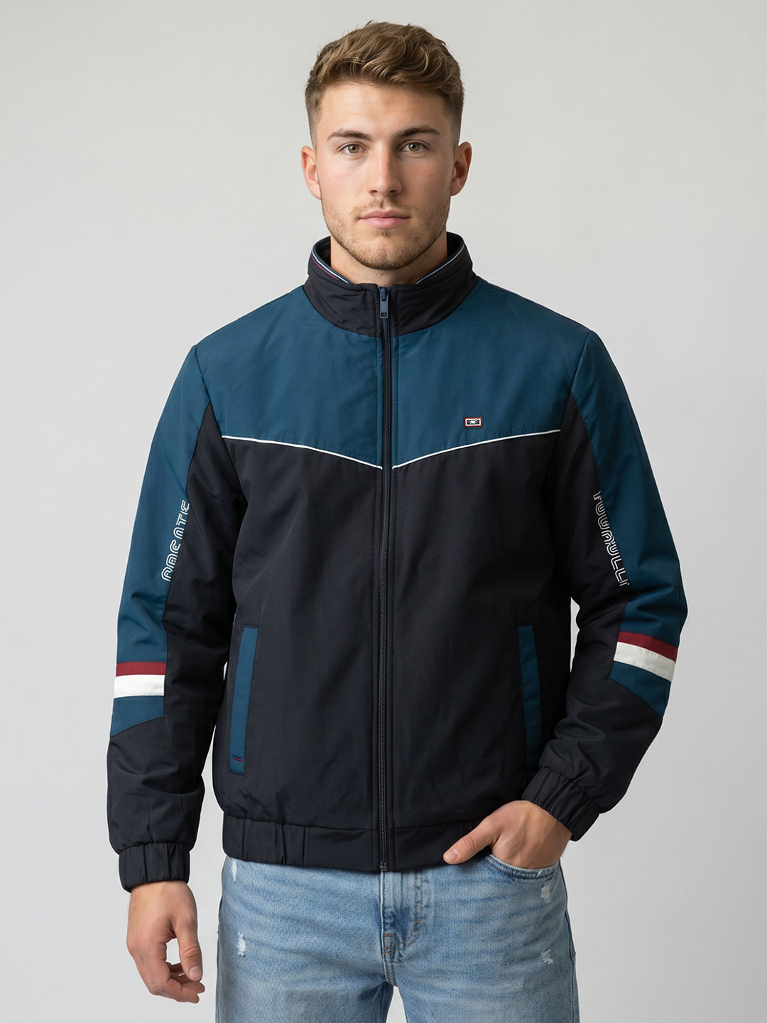 Men Navy Blue Solid Turtle Neck Full Sleeve Bomber Jacket