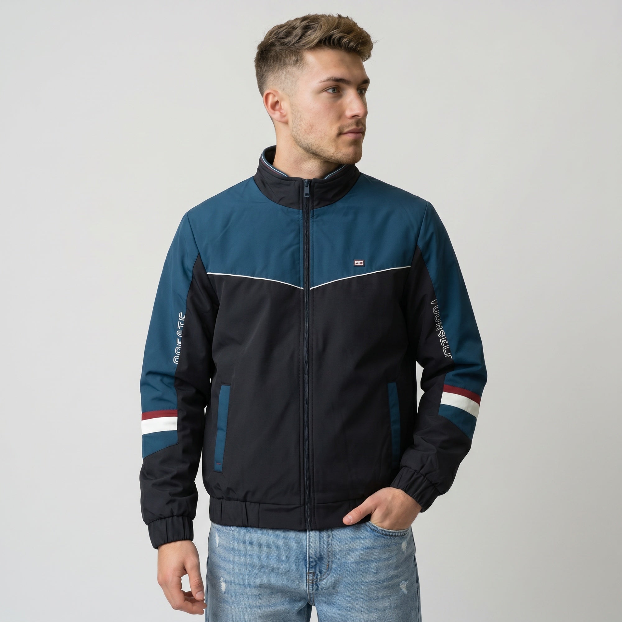 Men Navy Blue Solid Turtle Neck Full Sleeve Bomber Jacket