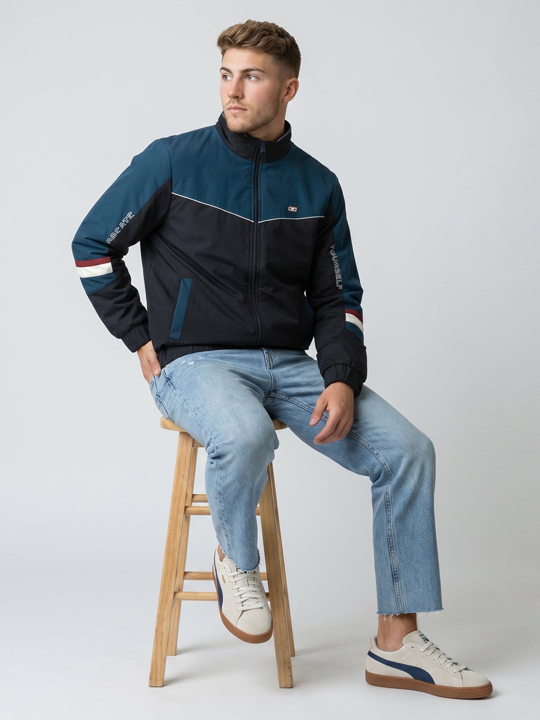 Men Navy Blue Solid Turtle Neck Full Sleeve Bomber Jacket