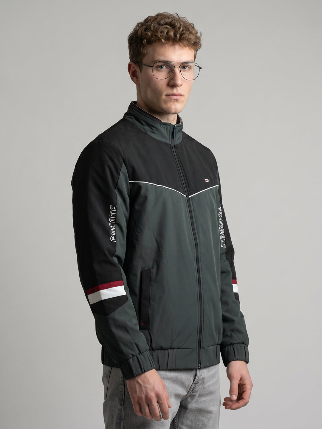 Men Olive Solid Turtle Neck Full Sleeve Bomber Jacket