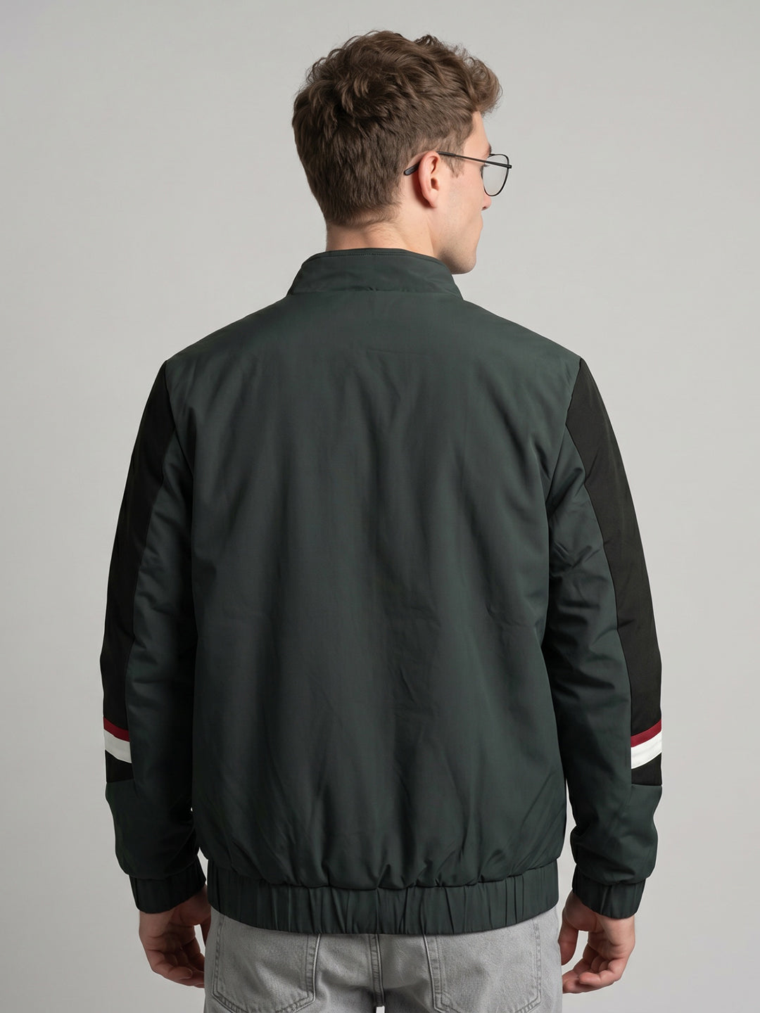 Men Olive Solid Turtle Neck Full Sleeve Bomber Jacket