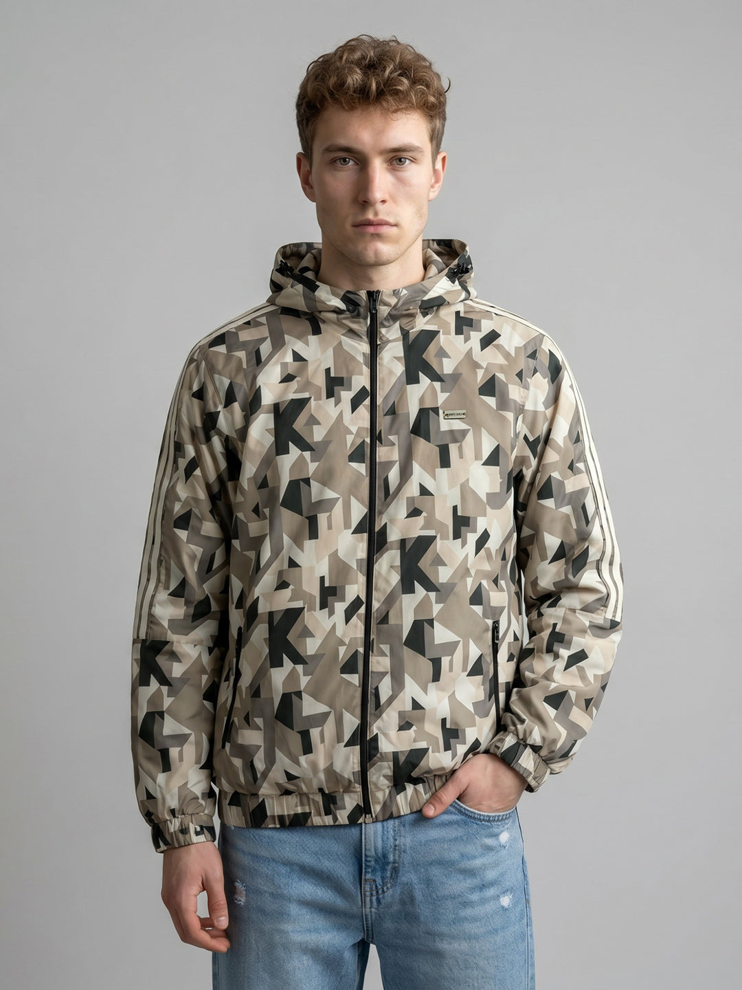 Men Khaki Geometric Block Detachable Hood Full Sleeve Jacket