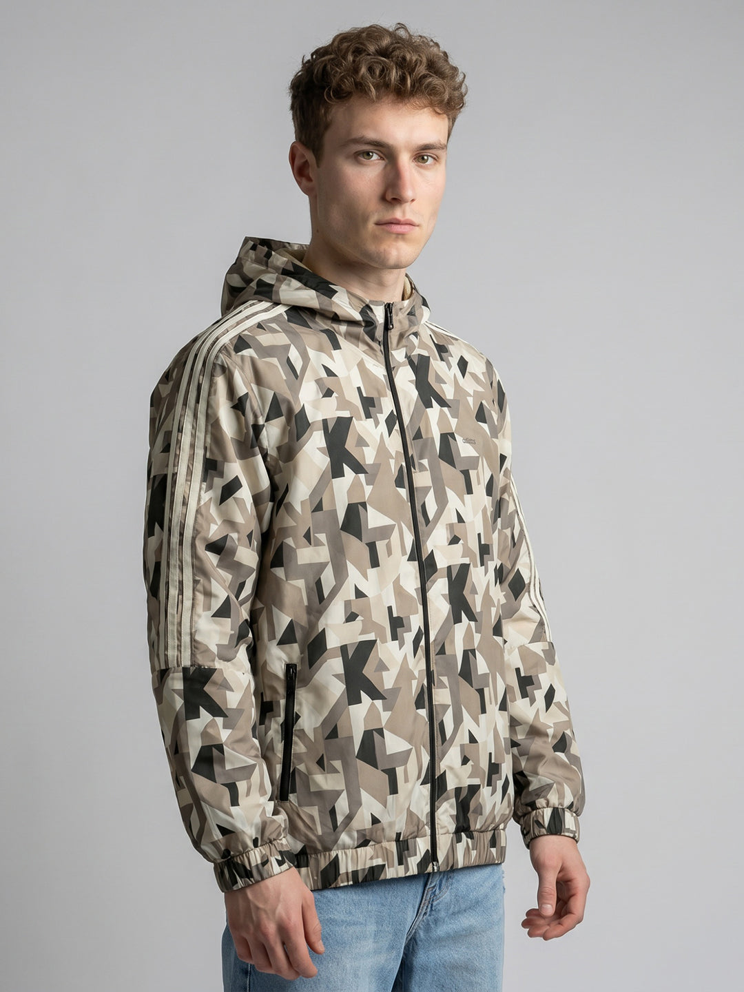 Men Khaki Geometric Block Detachable Hood Full Sleeve Jacket