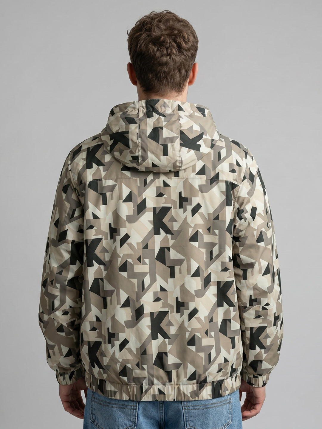 Men Khaki Geometric Block Detachable Hood Full Sleeve Jacket