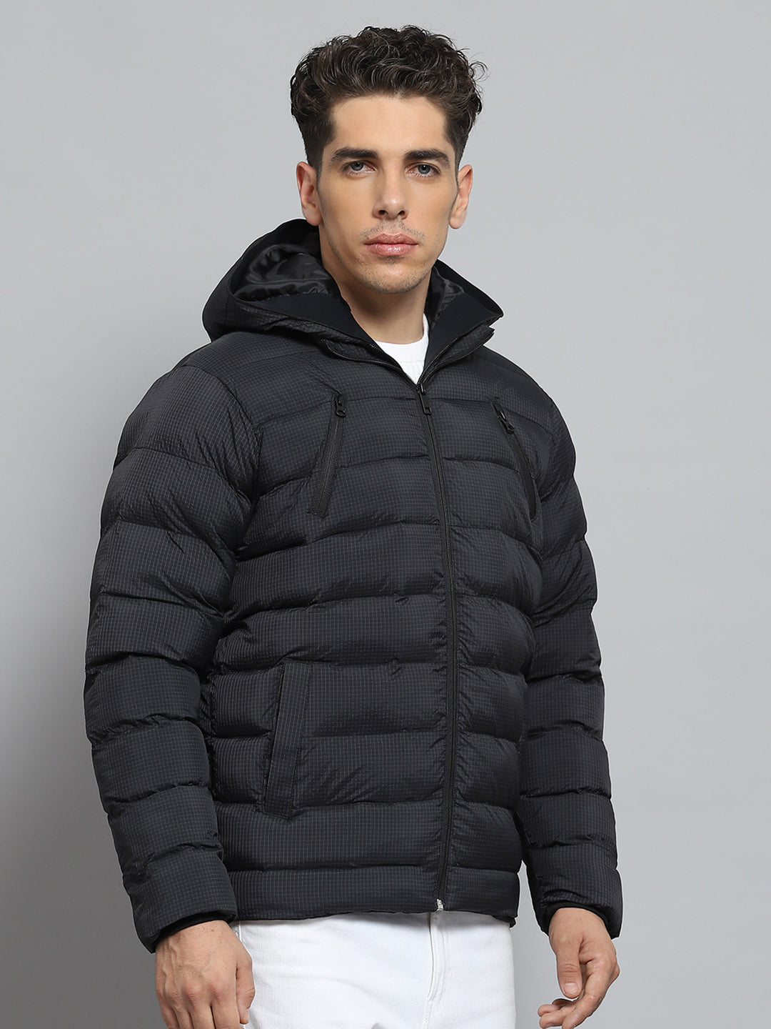 Men Black Solid Hooded Full Sleeve Jacket