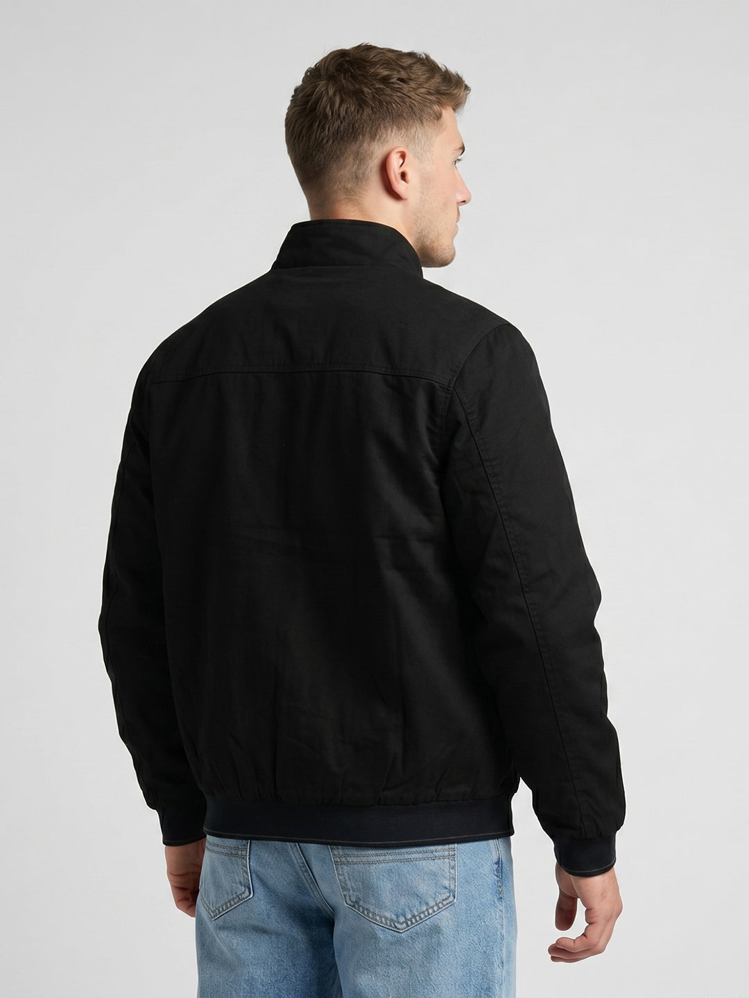 Men Black Solid Collar Full Sleeve Bomber Jacket