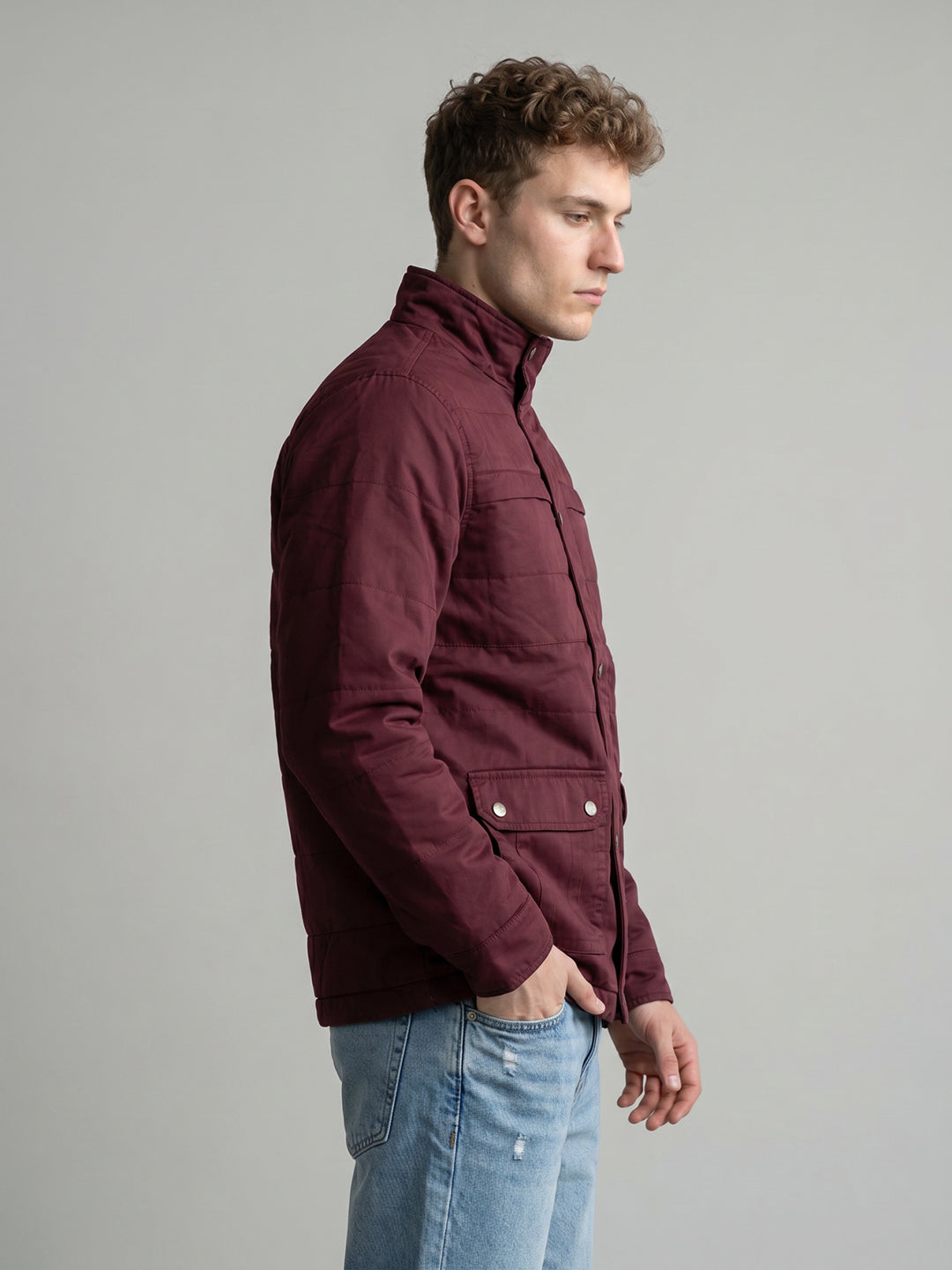 Men Maroon Solid Stand Collar Full Sleeve Parka Jacket