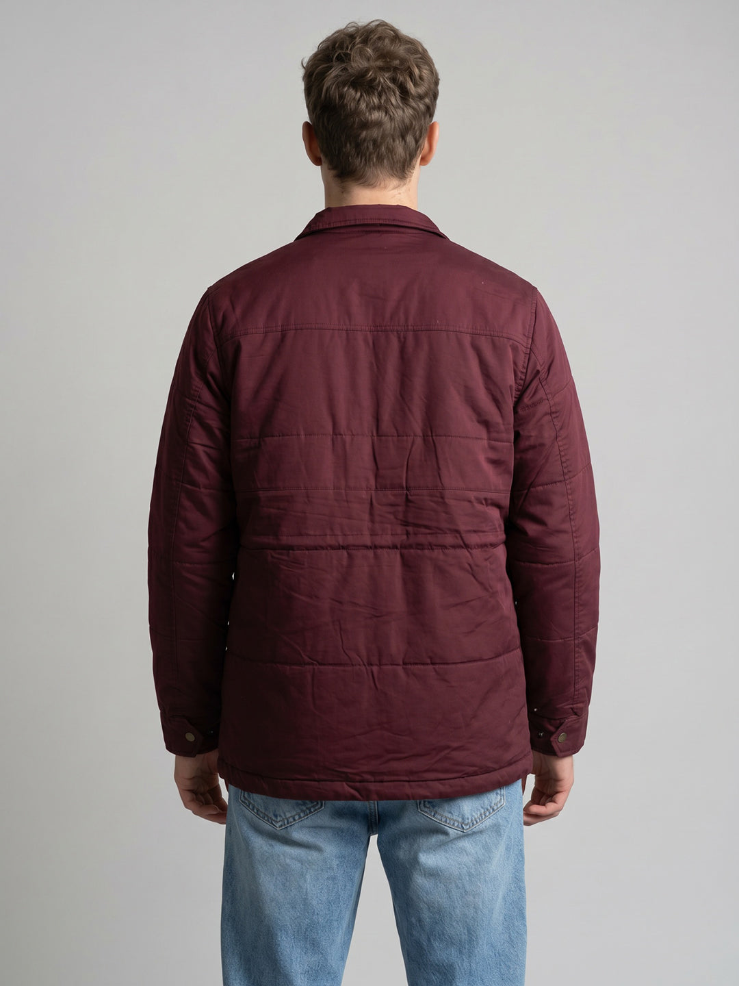 Men Maroon Solid Stand Collar Full Sleeve Parka Jacket