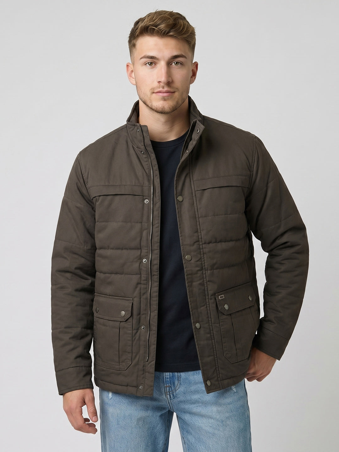 Men Grey Solid Stand Collar Full Sleeve Parka Jacket