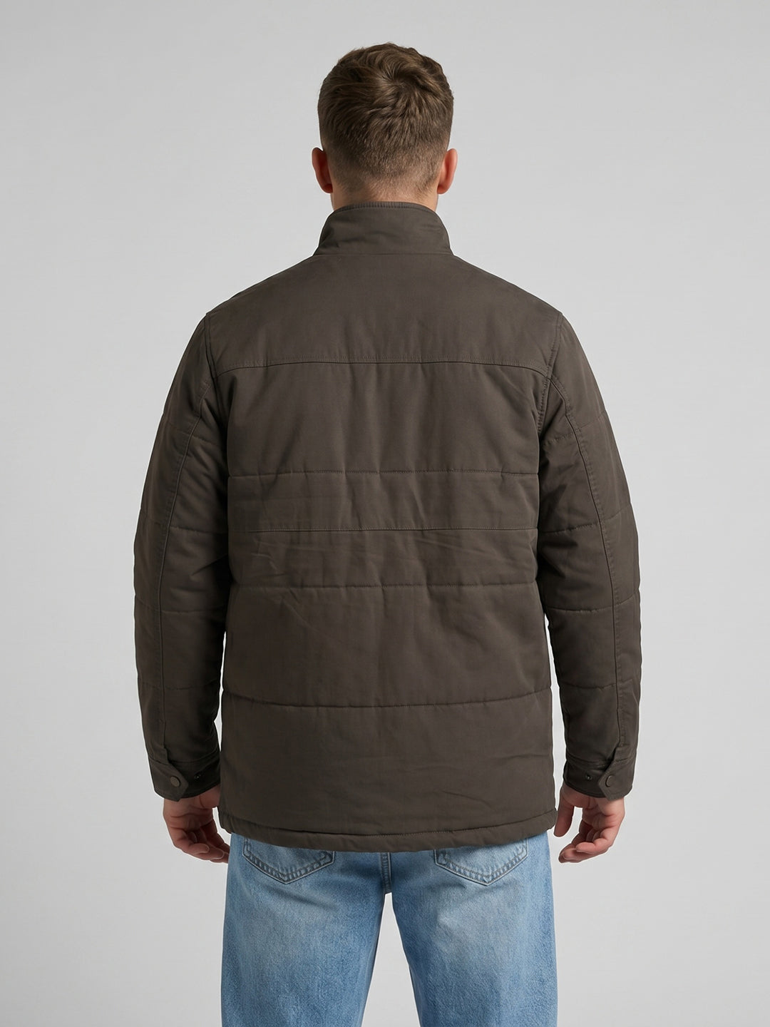 Men Grey Solid Stand Collar Full Sleeve Parka Jacket