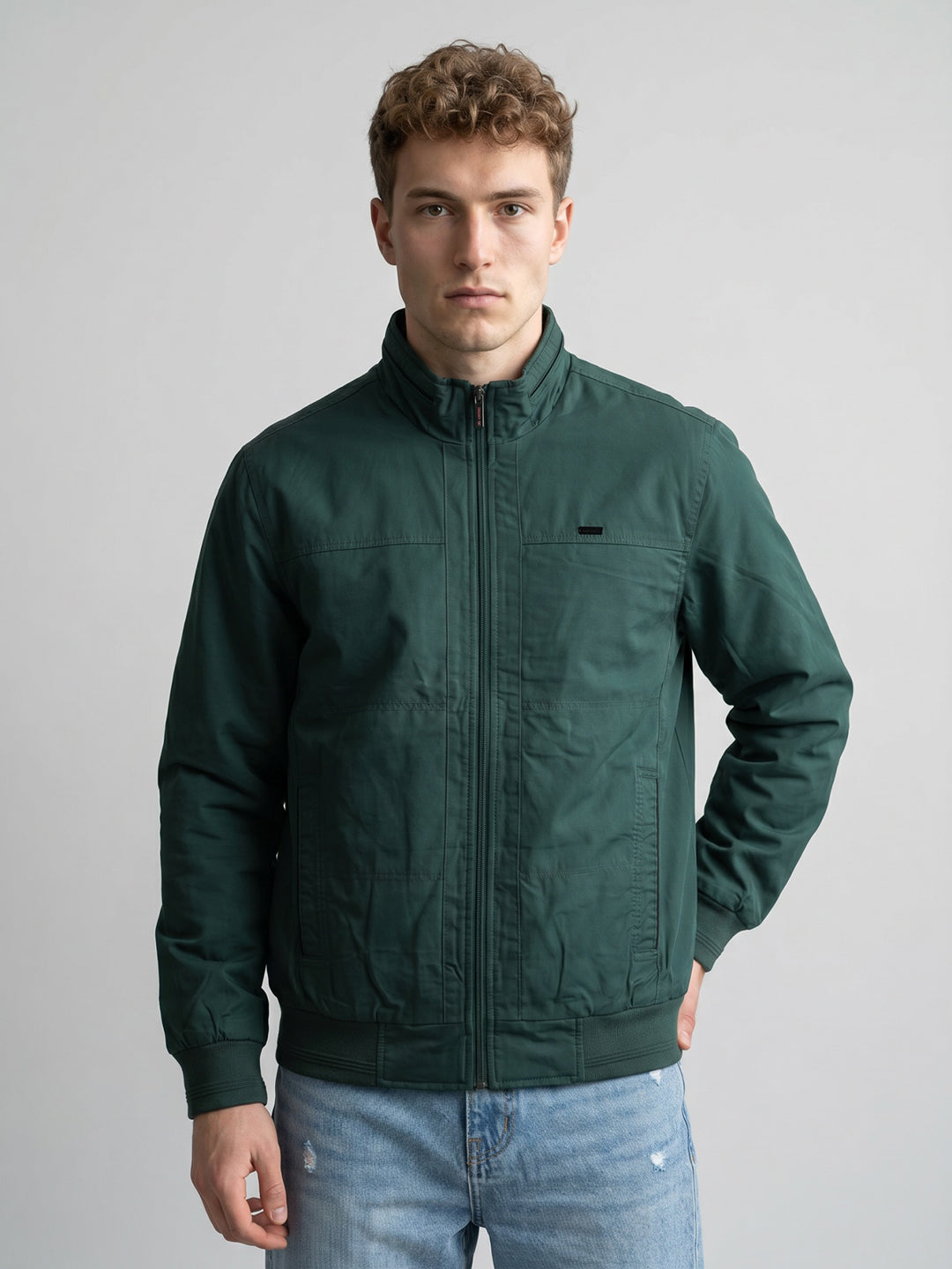 Men Green Solid Turtle Neck Full Sleeve Bomber Jacket