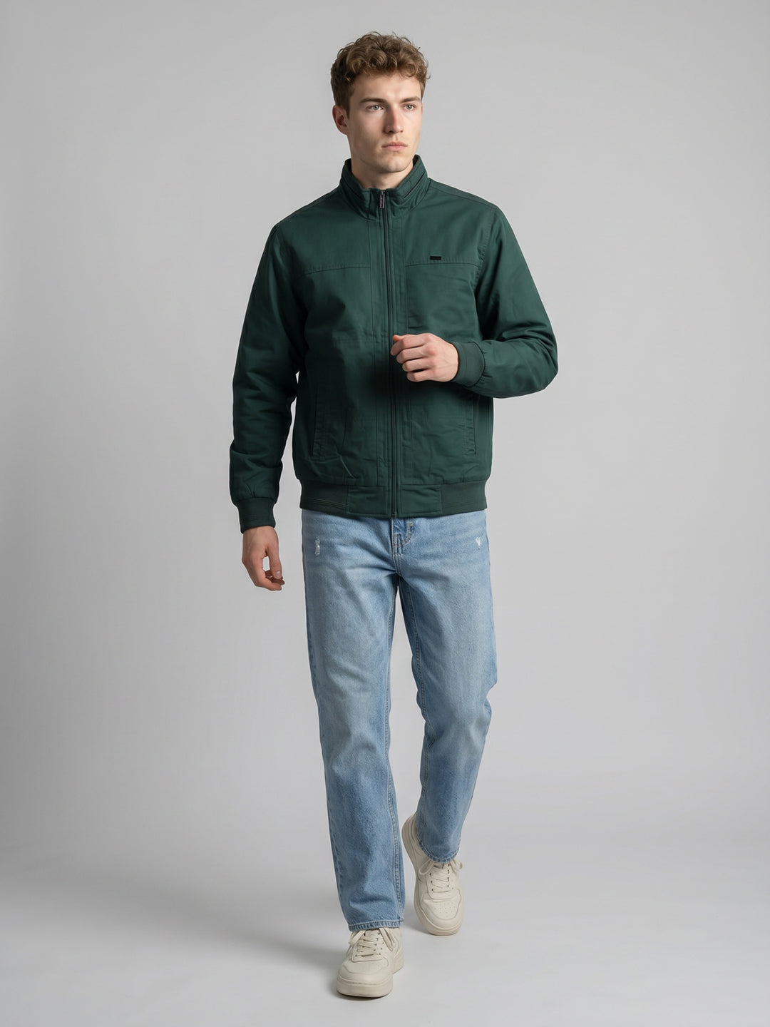 Men Green Solid Turtle Neck Full Sleeve Bomber Jacket