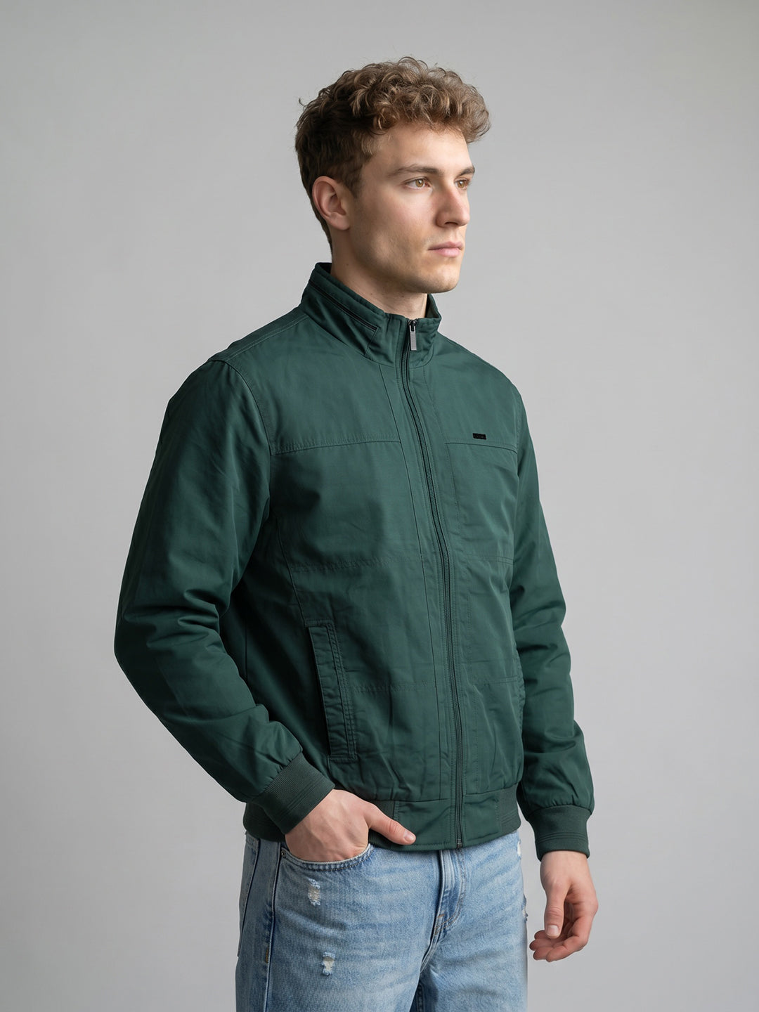 Men Green Solid Turtle Neck Full Sleeve Bomber Jacket