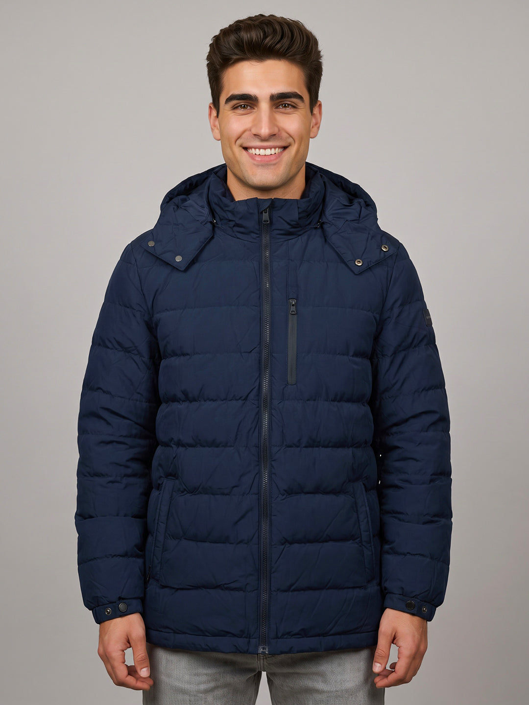 Luxuria Men Navy Blue Solid Detachable Hood Full Sleeve Feather Inside Jacket