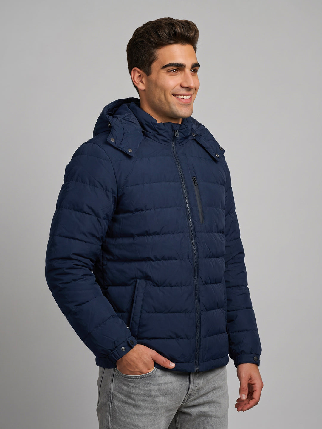 Luxuria Men Navy Blue Solid Detachable Hood Full Sleeve Feather Inside Jacket