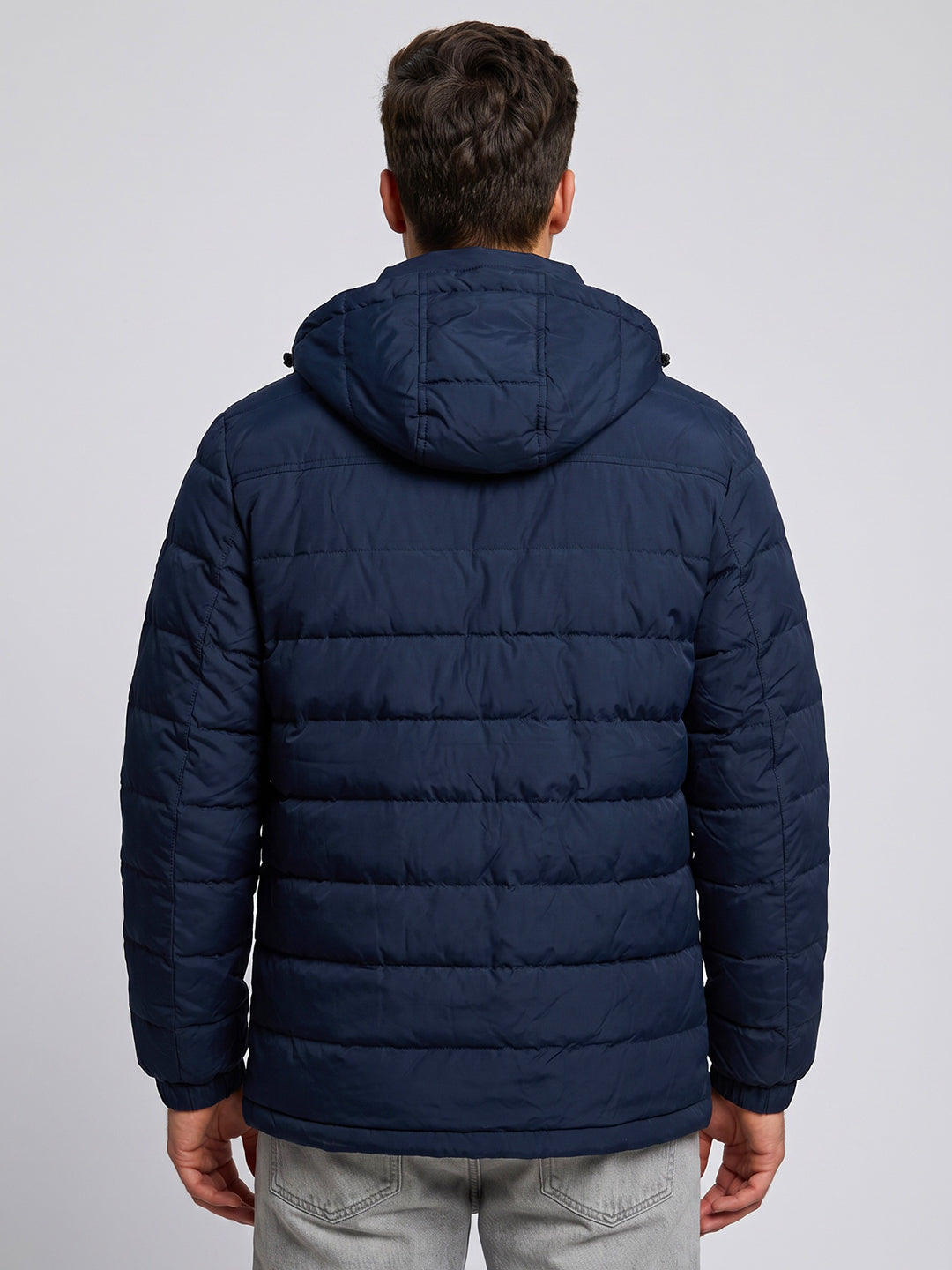 Luxuria Men Navy Blue Solid Detachable Hood Full Sleeve Feather Inside Jacket